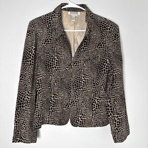 Vintage Allison Taylor‎ Size-L Animal Print Silk Blazer Jacket Full Zip Brown